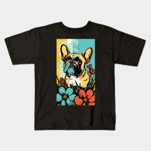 French Bulldog Vibrant Tropical Flower Tall Retro Vintage Digital Pop Art Portrait Kids T-Shirt